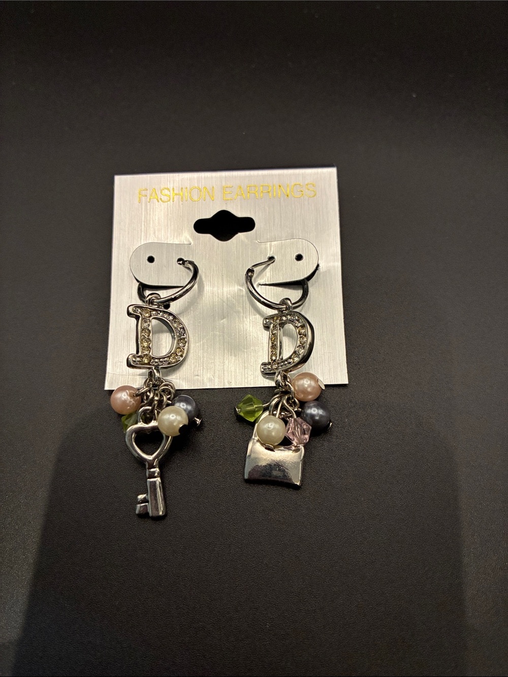Silver D Letter Charm Drop Earrings with Pastel Beads
